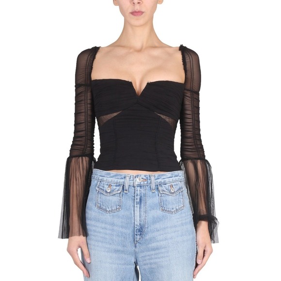 Self-Portrait Black Stretch Crepe Flared Sleeve Crop Top NWT Size UK 6 US 2 $365 - Picture 1 of 7